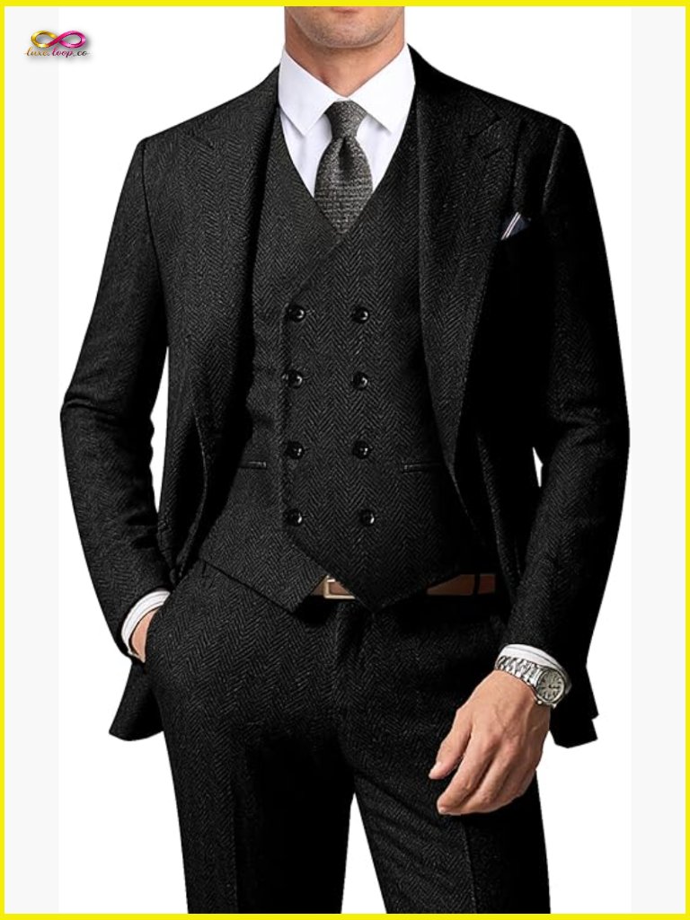 Herringbone Tweed Three-Piece Suit Set Peak Lapel Blazer Vest Pants